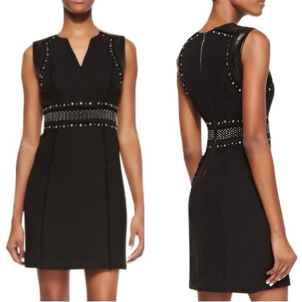 Rebecca Taylor Black Studded Tweed and Leather V-Neck Dress Size 6